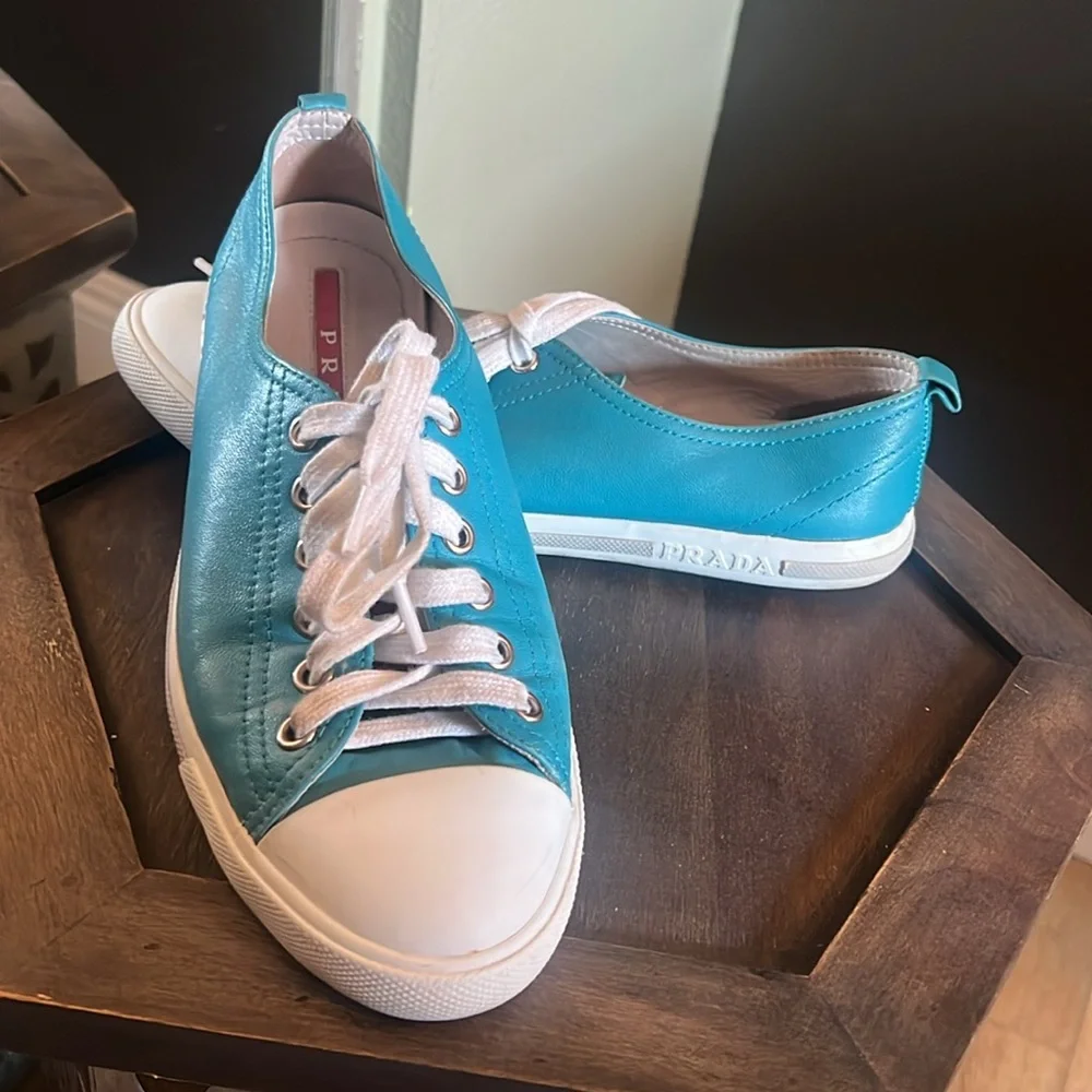 Prada Sneakers, EU 37, leather turquoise w/ white rubber